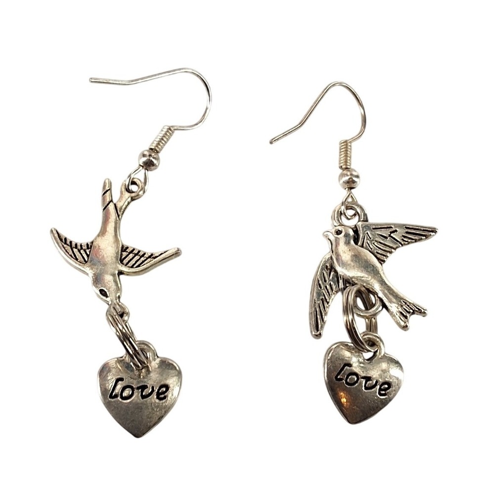 Silver Tone Bird Swallow Heart Love Dangle Drop Earrings Fishhook Whimsical